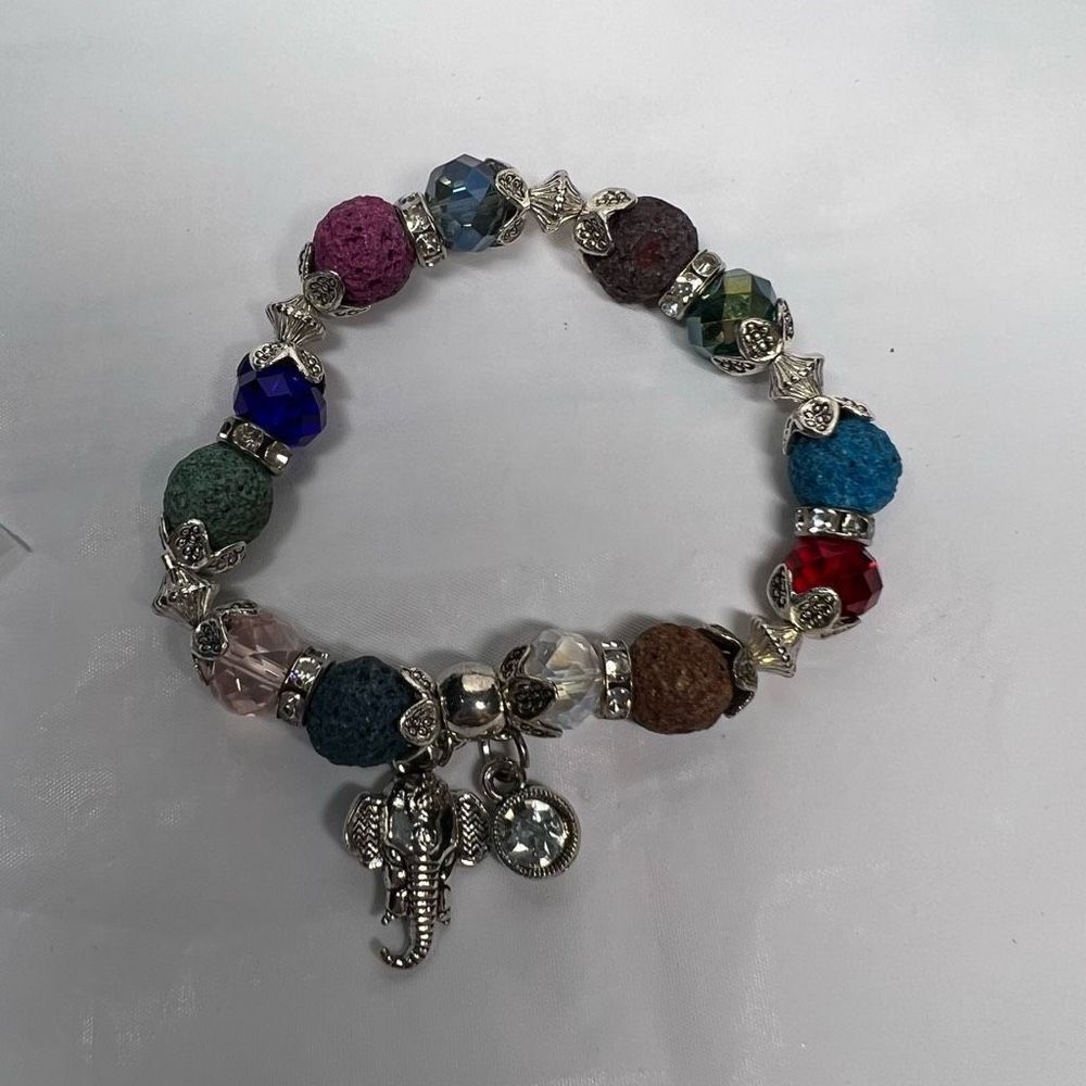 Silver Tone Colorful Lava Rock Bead Good Luck Elephant Charm Bracelet - Picture 2 of 7
